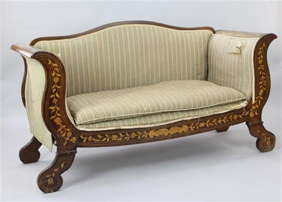 A 19th century Dutch marquetry inlaid walnut boat shaped settee, W.5ft 10in. D.2ft 1in. H.3ft 3in.